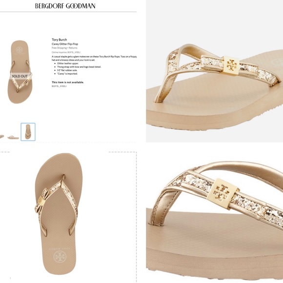 TORY BURCH GOLD GLITTER / METALLIC LEATHER DRESSY FLIP FLOP WITH ACCENT BOW LOGO - Picture 4 of 15